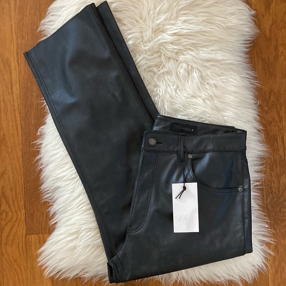 Zara High-Waist Faux Leather Washed Effect Bootcut Cropped Pants ZW Collection
